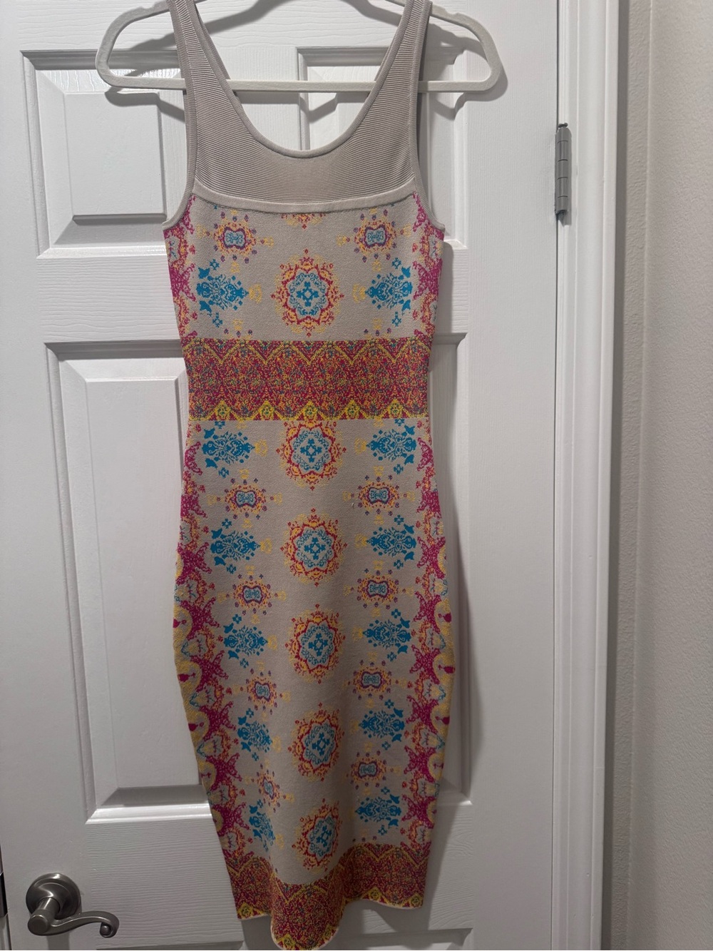 BEBE Midi Bodycon Dress with Pink & Blue Pattern like NEW never worn